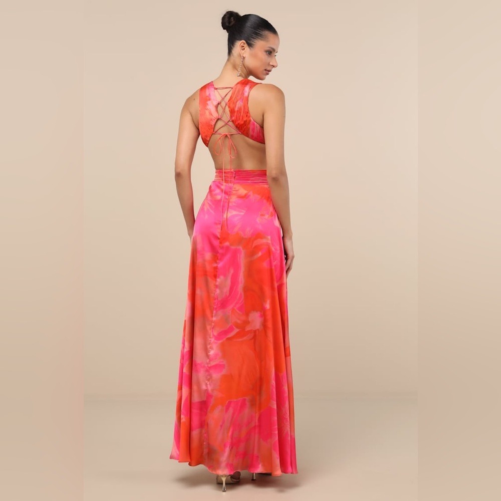 NWT Lulus Dedra Pink and Orange Abstract Pleated Maxi Dress XL - Picture 2 of 10